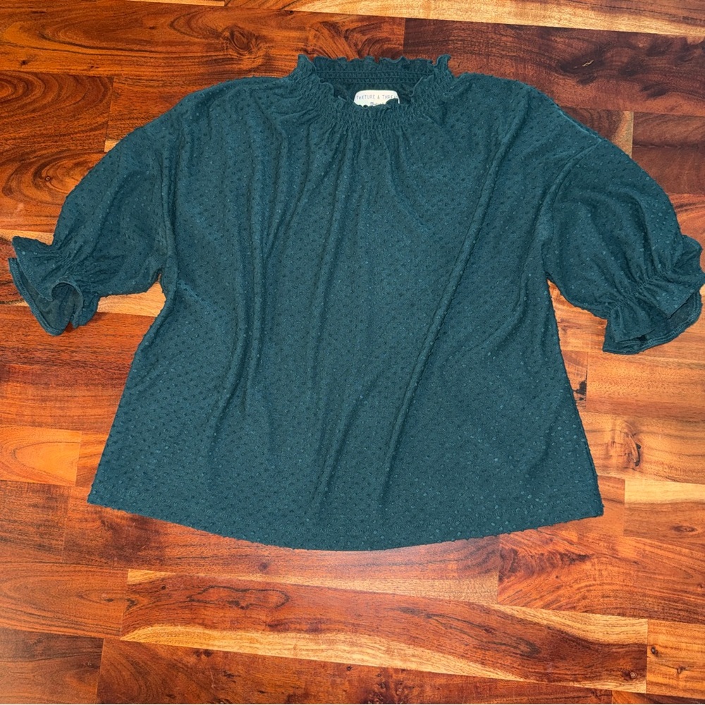 Madewell Texture and Thread Smocked Neck Puff Sleeve Top - Dark Teal size M